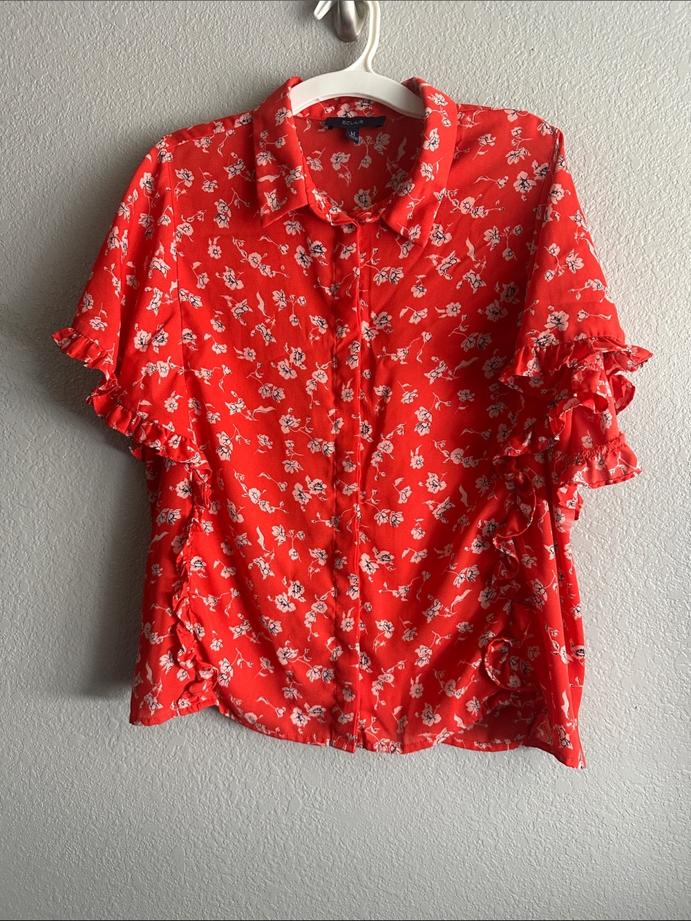 Bright Red Floral Button-Down Ruffle Sleeve Shirt - Unknown Brand